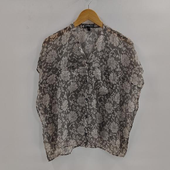 Express Tops - Express black & off white sheer floral print button down size small